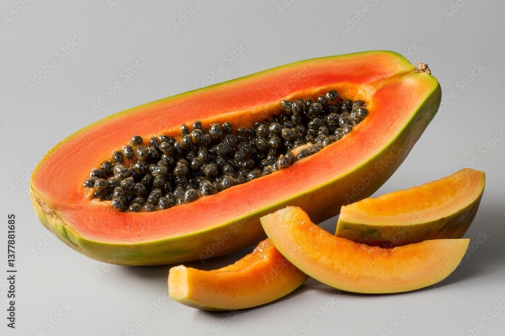 A ripe, orange, and green fruit with black seeds is cut in half A ripe, orange, and green fruit with black seeds is cut in half