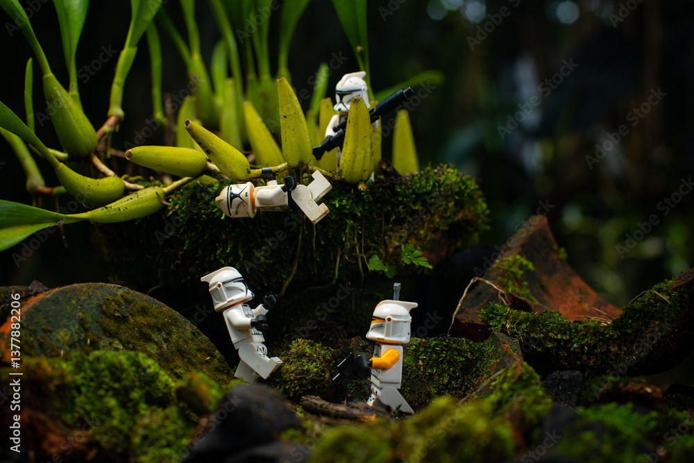 Naklejka premium Depok, Indonesia - April 1, 2025: Lego toys photography, 1st phase clone troopers in dark forest covered with moss, with bokeh background