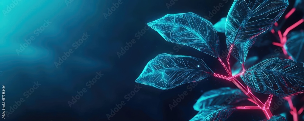 Obraz premium Cyberpunk biotech in futuristic biotechnology network concept. Digital art of glowing leaves in a blue environment.