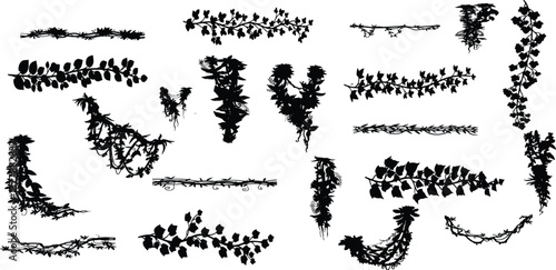 silhouette vines tropical plant drawing, Side view, set of graphics trees elements outline symbol for