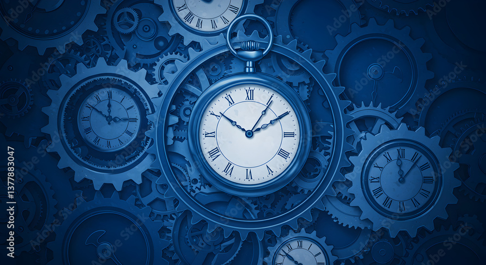 Complex Arrangement of Blue Toned Gears and Antique Pocket Watches Time Concept Complex Arrangement of Blue Toned Gears and Antique Pocket Watches Time Concept