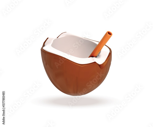 Coconut with Straw 3d icon. Coconut Drink with Straw isolated vector 3d illustration.