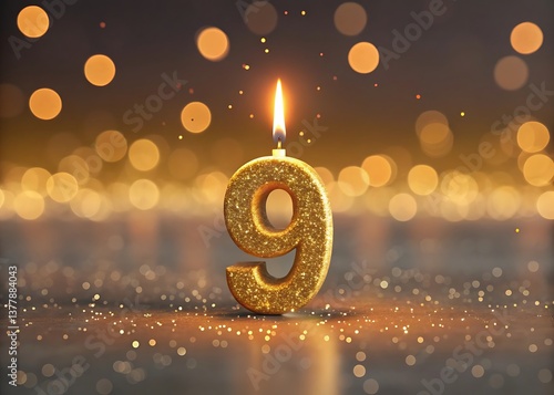 A shimmering gold number nine candle burns brightly, celebrating a milestone birthday amidst a warm, festive glow of golden bokeh lights.