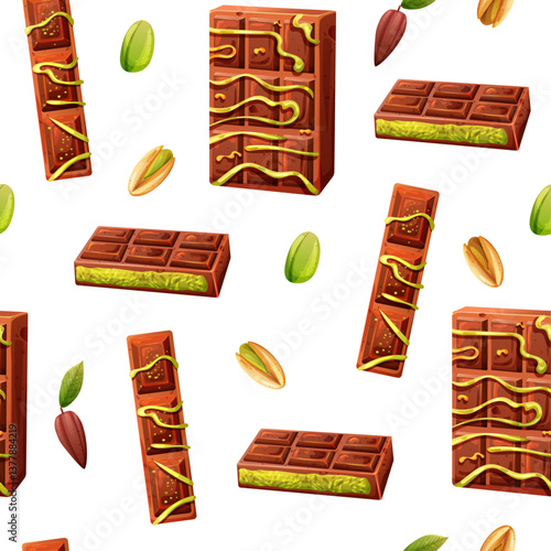 Photography Seamless pattern of milk dubai chocolate with pistachio paste and cocoa beans