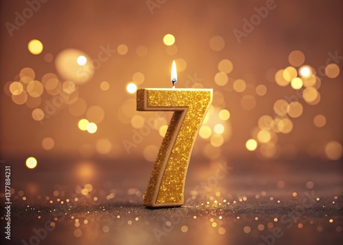 A glittering gold seven candle ablaze, celebrating a momentous seventh anniversary amidst a warm, enchanting bokeh of golden lights.