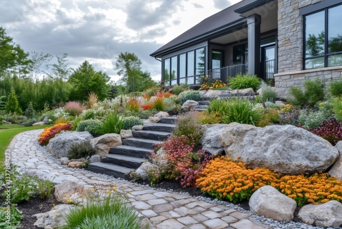 Beautiful landscaping with stone steps leading to modern house