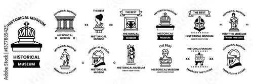 Set of illustrations in the concept of a museum in line art style