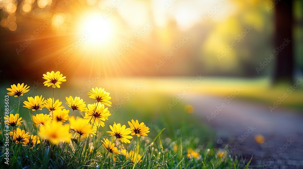 Obraz premium Golden hour sunset peace over tranquil meadow with misty silhouette concept. Vibrant yellow flowers blooming in a sunlit grassy field.