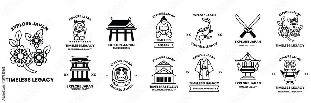 set of illustrations in the concept of Japanese culture in a line drawing style set of illustrations in the concept of Japanese culture in a line drawing style