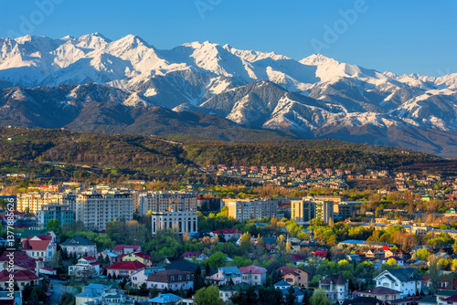 The built-up foothills of the Kazakh city of Almaty on a spring morning
