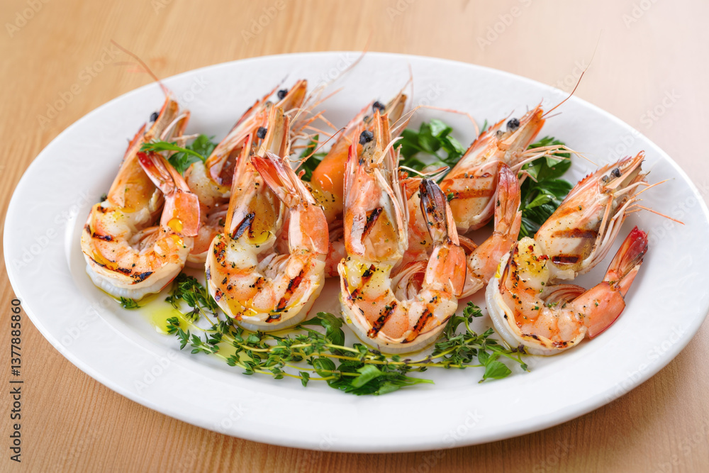 Grilled shrimp garnished with fresh herbs on a white plate Grilled shrimp garnished with fresh herbs on a white plate