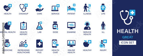 Health icon set collection. Checkup, care, service, patient, illness, life, mental health, report, lab, dose, examine, service and best solid icon set.