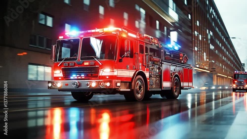 A fire truck and bright emergency lights flashing, speeding on a city street in response to an emergency call. Urgency and action of emergency response teams	