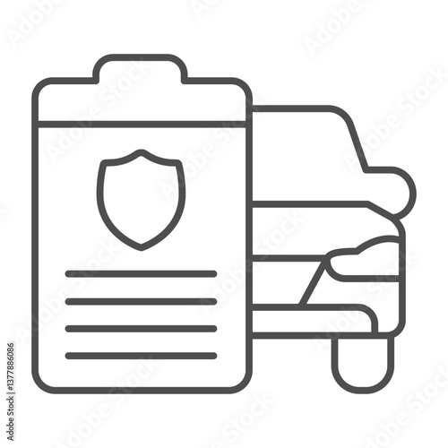Car with document thin line icon, automobile sales concept. Vector graphics. Motor vehicle power of attorney form paper sign on white background, outline style icon for mobile or web design.
