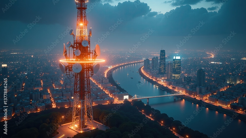 Fototapeta premium Tower glows brightly above a bustling city at dusk near a winding river