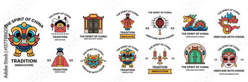 set of illustrations in the concept of Chinese and Japanese culture in a line drawing style