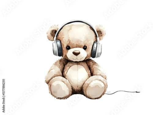 Cute Watercolor Teddy Bear Wearing Headphones Isolated Transparent Background