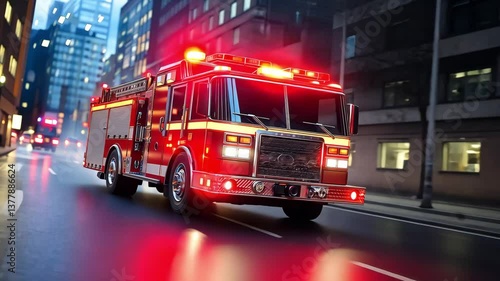 A fire truck and bright emergency lights flashing, speeding on a city street in response to an emergency call. Urgency and action of emergency response teams	
