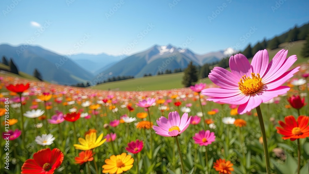 Obraz premium Vibrant wildflower meadow painting the mountains in a tapestry of colors