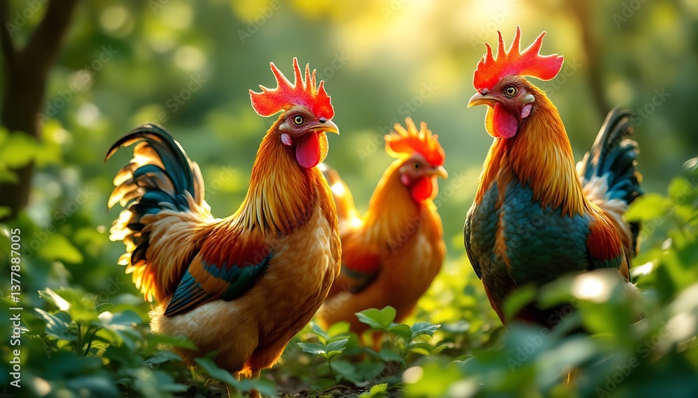 Fototapeta premium Majestic Roosters Golden Feathers Lush Green Setting Sunny Morning