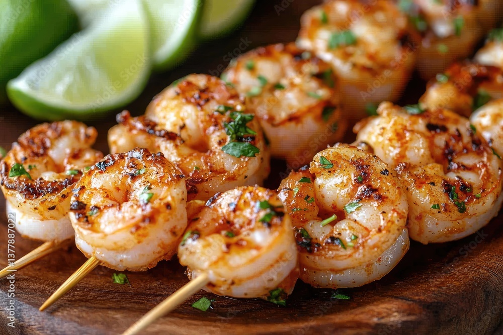 Grilled shrimp skewers with lime and parsley resting on wooden board Grilled shrimp skewers with lime and parsley resting on wooden board