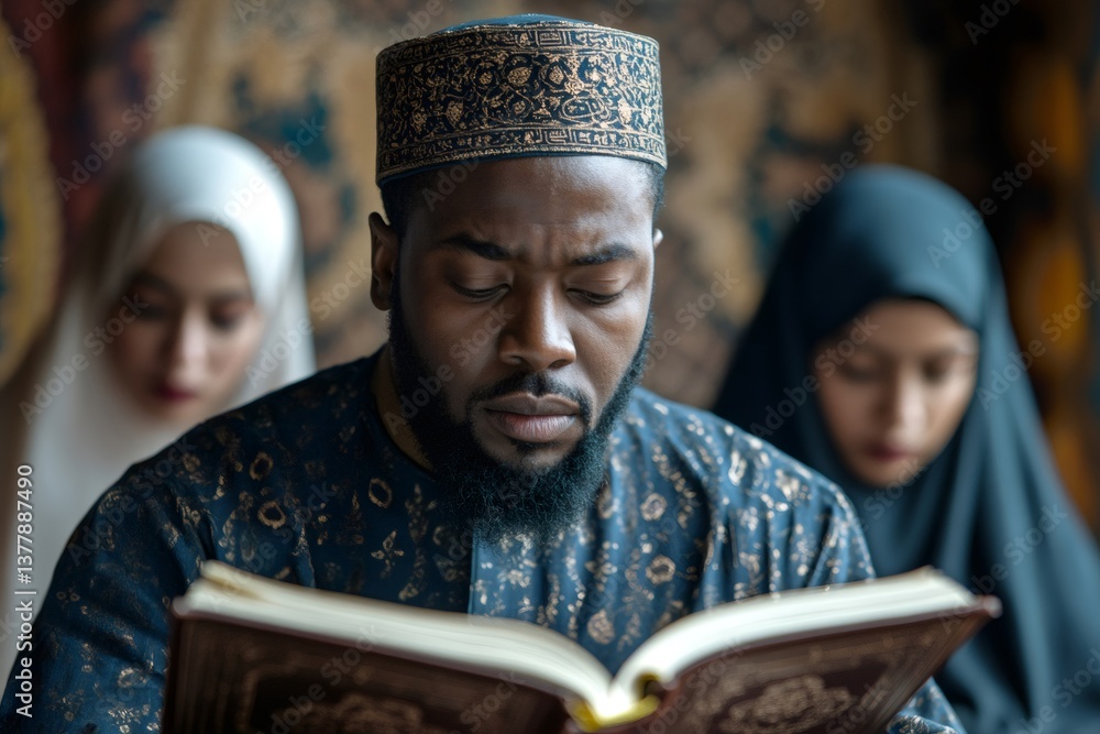 Black muslim man reading quran with women praying in background