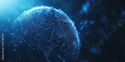 Earth with digital technology network. A futuristic global connection. Space and universe link continents in a global digital realm. Blue setting emphasizes communication and technology. Perfect bg
