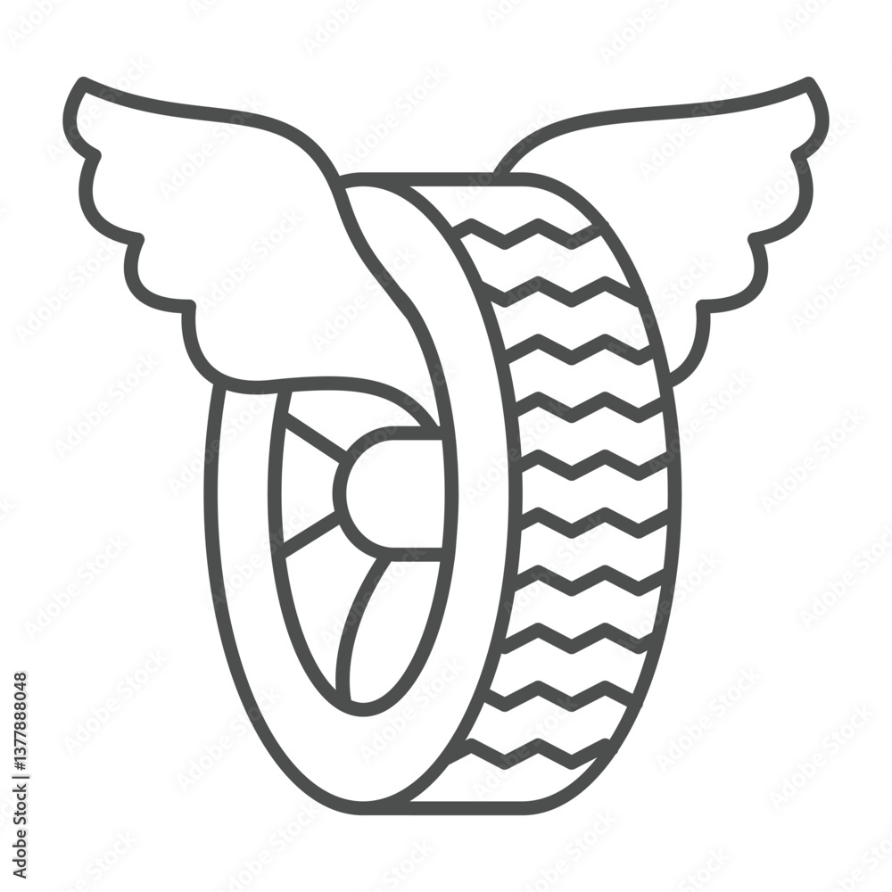 Car wheel with angel wings thin line icon, tires fitting concept. Vector graphics. Used rubber tire, changing wheels sign on white background, outline style icon for mobile or web design. Car wheel with angel wings thin line icon, tires fitting concept. Vector graphics. Used rubber tire, changing wheels sign on white background, outline style icon for mobile or web design.