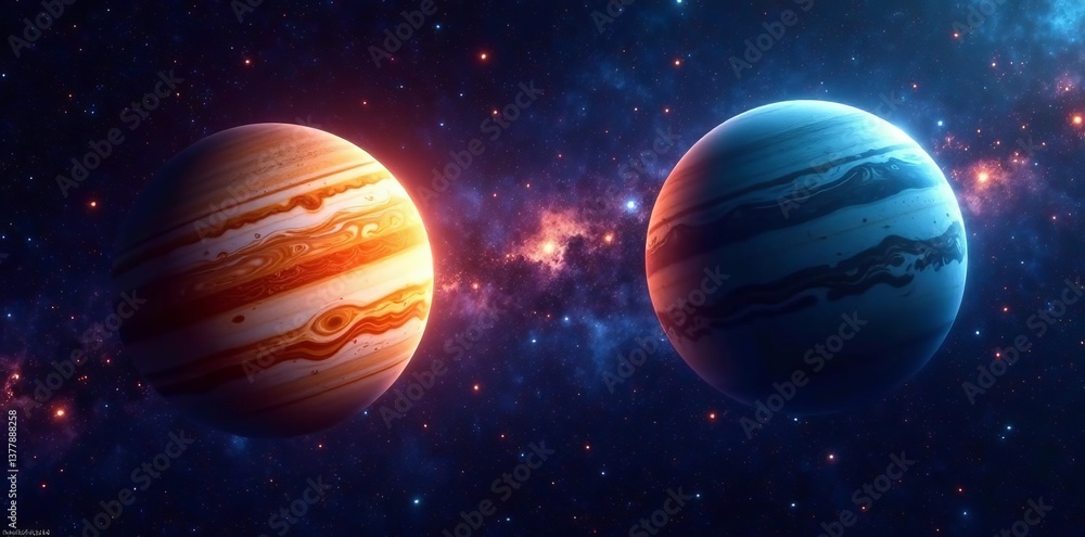 Colorful gas giants Jupiter and Neptune on a star-filled space background, stars, planets Colorful gas giants Jupiter and Neptune on a star-filled space background, stars, planets