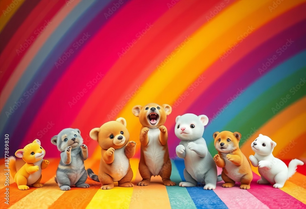 Obraz premium Cute animals performing tricks against a vibrant rainbow backdrop, joy, colorful