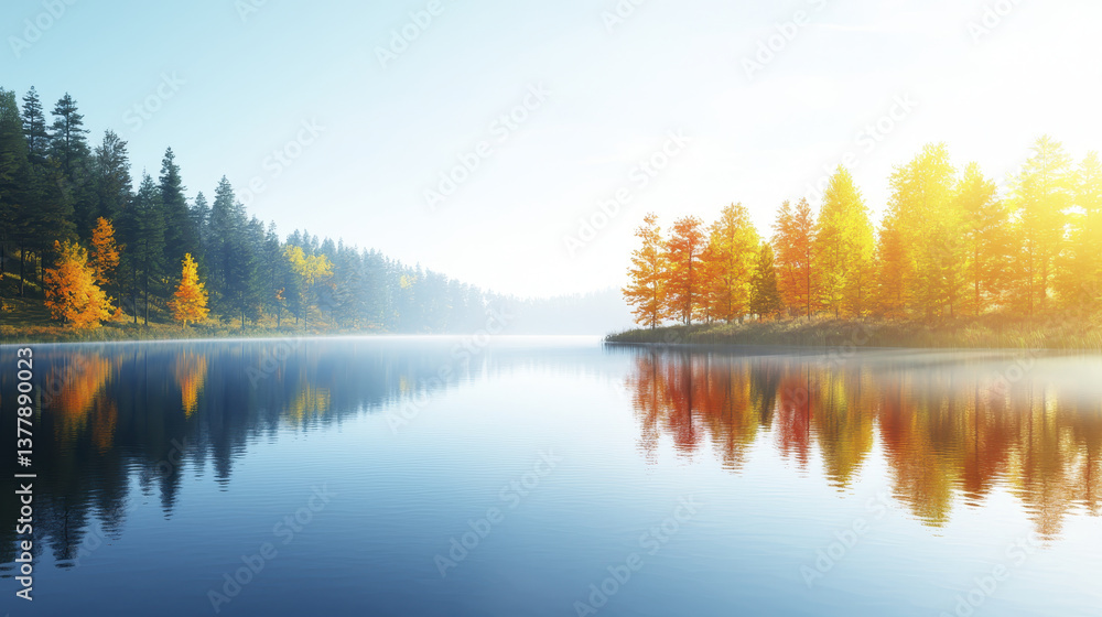 Obraz premium serene lake surrounded by vibrant autumn trees reflects colorful foliage in calm waters, creating peaceful atmosphere