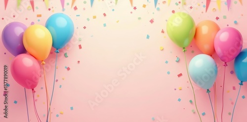 Cute flat design balloons in various pastel colors floating in the air with confetti and streamers, happy, design, balloons