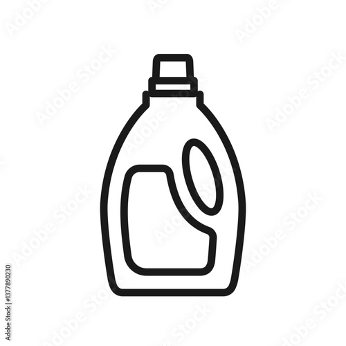 Vector illustration of a liquid laundry detergent, clothes softener bottle line icon. Design with a label. For cleaning, hygiene and household product branding. Editable stroke, isolated on white
