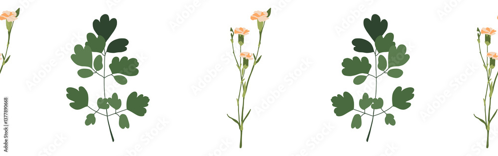 Obraz premium Leaves and flower border on a white background. Hand-drawn illustration. Perfect for spring and summer. 