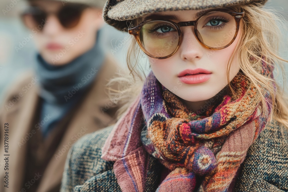 Stylish woman wearing glasses and scarf with blurred man in background Stylish woman wearing glasses and scarf with blurred man in background