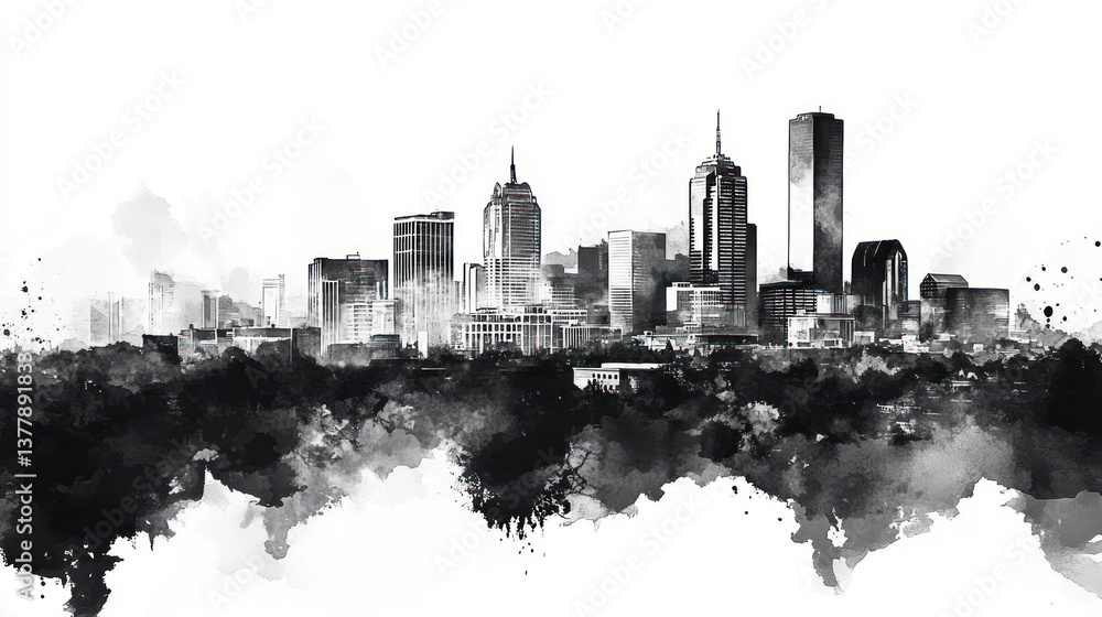 Naklejka premium Monochromatic Skyline: A Watercolor Cityscape