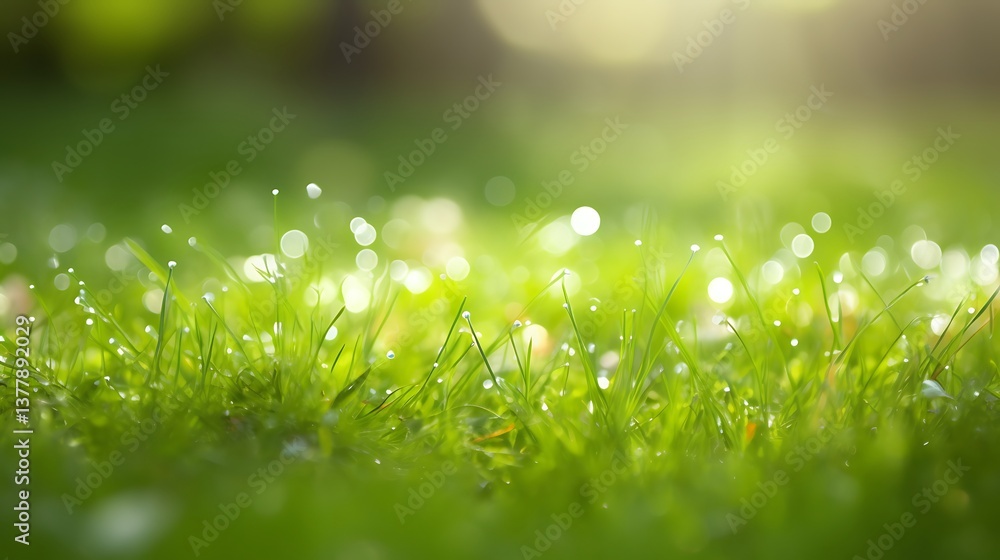 Naklejka premium Dewdrops Glisten on Bright Green Grass Blades