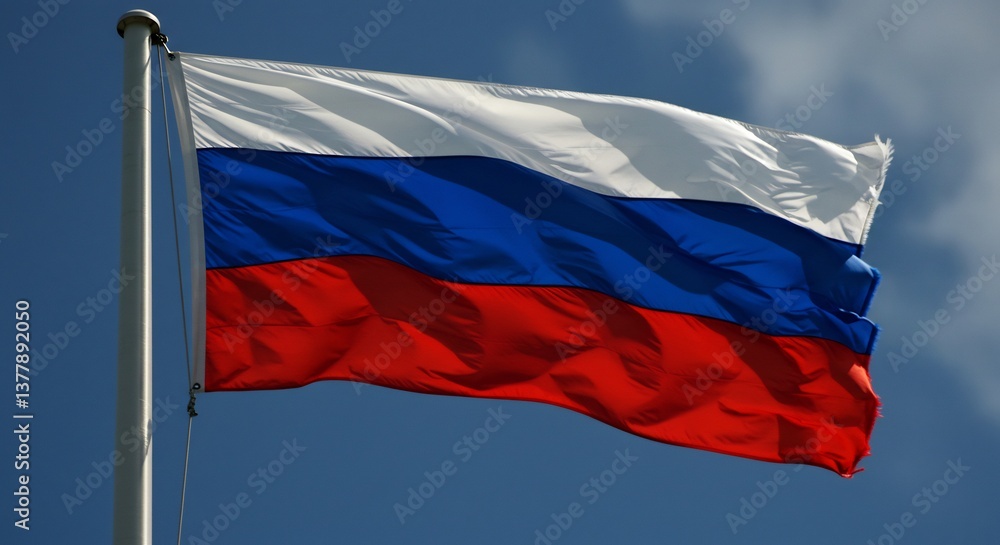 Naklejka premium 青空高く翻るロシア国旗 鮮やかな三色 力強い風