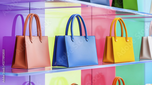 Stylish handbags displayed on colorful shelves, showcasing vibrant colors and modern design. Perfect for fashion enthusiasts