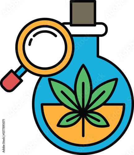 A bottle of cannabis is shown with a magnifying glass on top