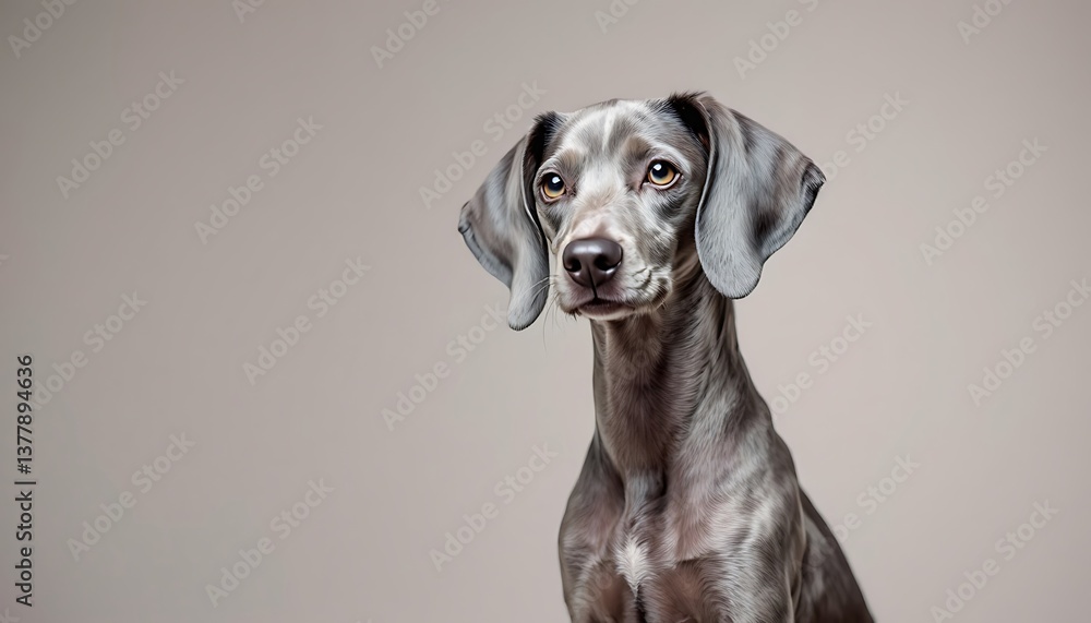 Dog Portrait Featuring Silver Weimaraner Breed Looking Upward with Curiosity Dog Portrait Featuring Silver Weimaraner Breed Looking Upward with Curiosity