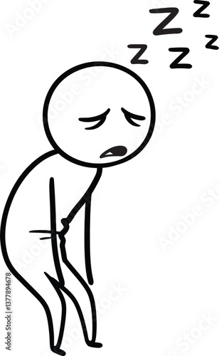 Tired Stick Figure Character Falling Asleep Standing with Sleep Symbols – Exhaustion, Fatigue, and Drowsiness Concept Vector Illustration