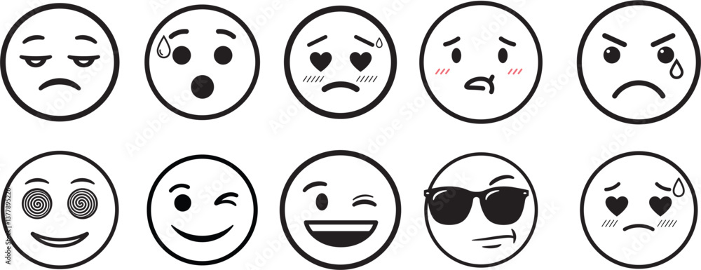 Hand-Drawn Emoji Vector Set – Black and White Emoticons with Various Expressions, Cartoon Mood Faces for Social Media, Chat Stickers, UI Design, and Digital Graphics Hand-Drawn Emoji Vector Set – Black and White Emoticons with Various Expressions, Cartoon Mood Faces for Social Media, Chat Stickers, UI Design, and Digital Graphics