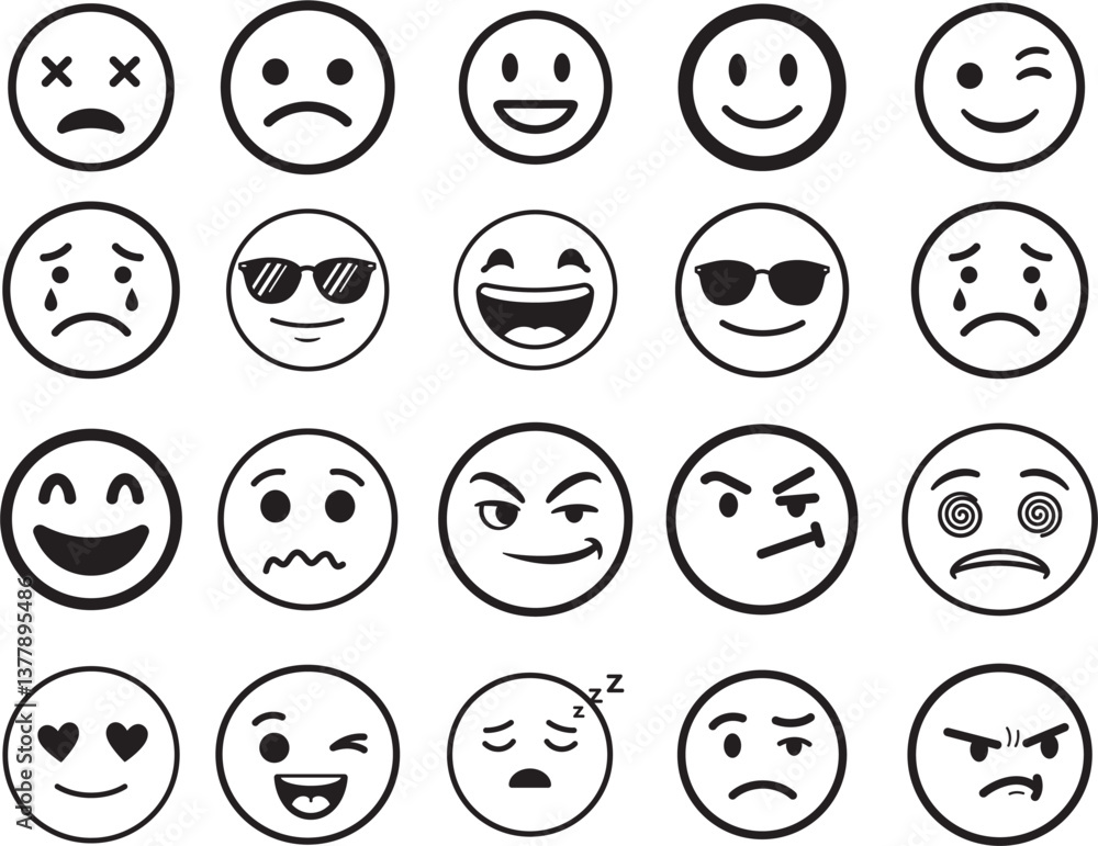 Emoji Icon Set – Hand-Drawn Vector Emoticons with Various Expressions, Black and White Line Art Faces, Cartoon Mood Symbols for Chat, Stickers, Social Media, and Graphic Design
Emoji Icon Set – Hand-Drawn Vector Emoticons with Various Expressions, Black and White Line Art Faces, Cartoon Mood Symbols for Chat, Stickers, Social Media, and Graphic Design