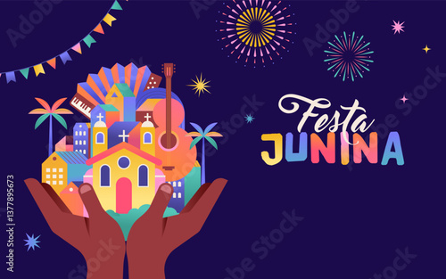 Festa Junina concept design. Brazilian music and dance summer festival carnival banner with city, guitar, accordion, lanterns, and flags. June festival in Brazil illustration