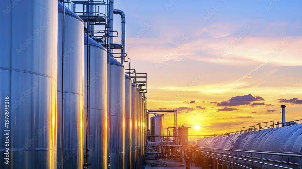 Industrial storage tanks reflect vibrant sunset, showcasing blend of technology and nature. scene evokes sense of tranquility and innovation Industrial storage tanks reflect vibrant sunset, showcasing blend of technology and nature. scene evokes sense of tranquility and innovation