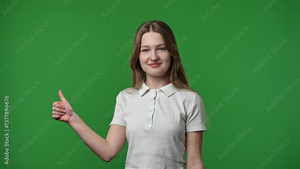Teenage girl posing at camera smiling and showing thumb up like gesture, positive expression, isolated on chroma key green screen studio background mockup. Teenage girl posing at camera smiling and showing thumb up like gesture, positive expression, isolated on chroma key green screen studio background mockup.