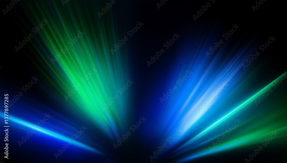 Fototapeta premium Abstract Ultramarine blue-Emerald green color light ultraviolet gradient radiance soft texture on dark black abstract background. Neon blur glow. Color light overlay. Copy space.