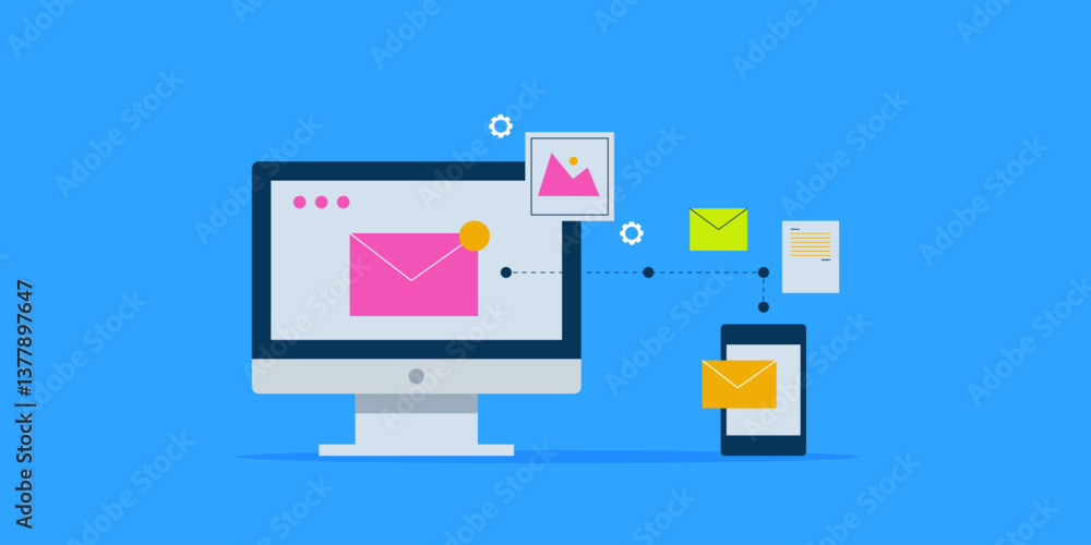 Email software automation, sending mail to customer with secure network connection, attach file and images with electronic mail, subscribe notification on mobile screen. Email software automation, sending mail to customer with secure network connection, attach file and images with electronic mail, subscribe notification on mobile screen.