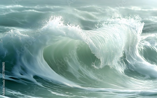 A large wave cresting in the ocean with white foam and spray under an overcast sky and other waves nearby